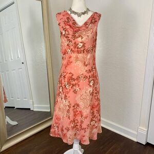 Orange Pink Garden Fairy Cottage Core Cowl Neck Flower Midi Dress USA Made S
